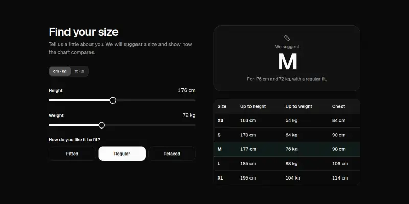 Ecommerce Pro 13: size finder preview