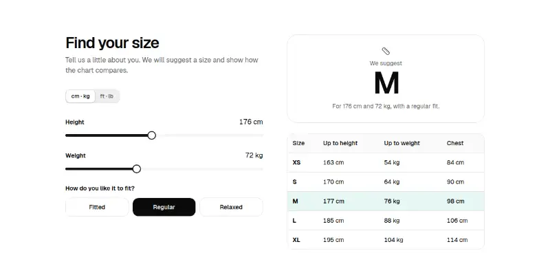 Ecommerce Pro 13: size finder preview