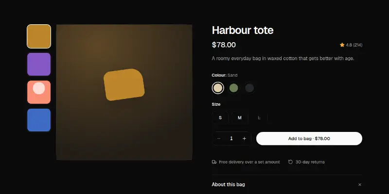 Ecommerce Pro 2: product page with variants preview