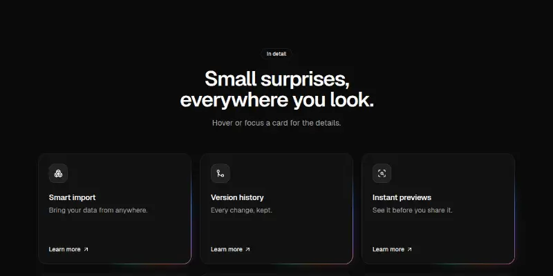 Features Pro 13: hover-reveal cards with glow edge preview