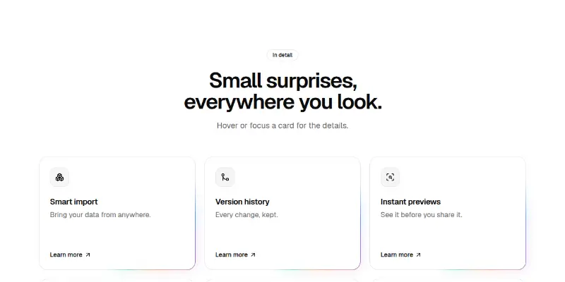 Features Pro 13: hover-reveal cards with glow edge preview
