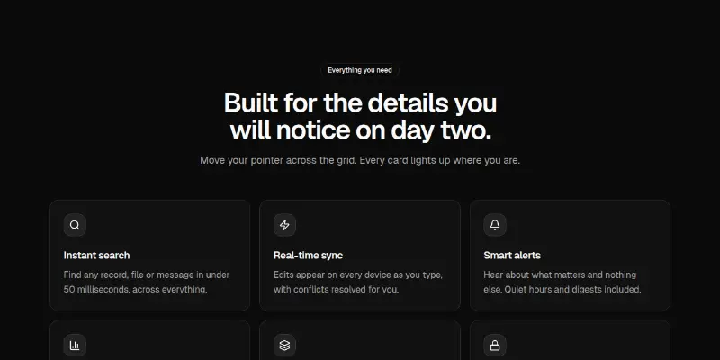 Features Pro 2: pointer-lit card grid preview