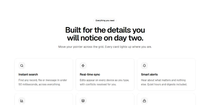 Features Pro 2: pointer-lit card grid preview