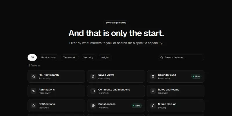 Features Pro 6: filterable feature list preview