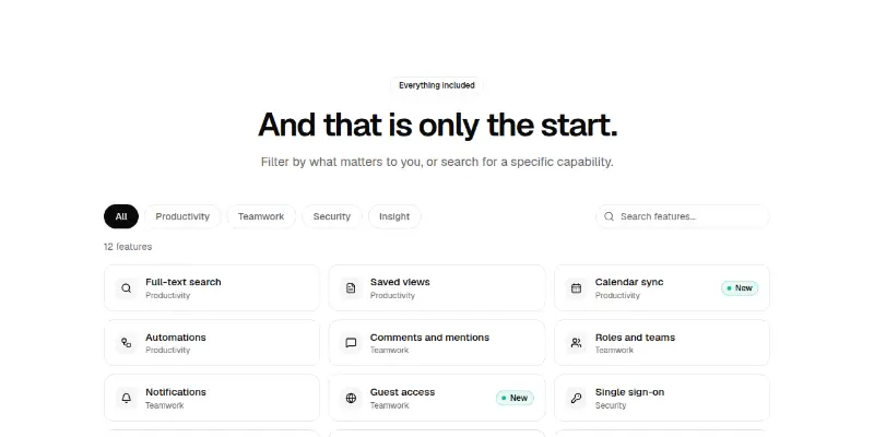 Features Pro 6: filterable feature list preview
