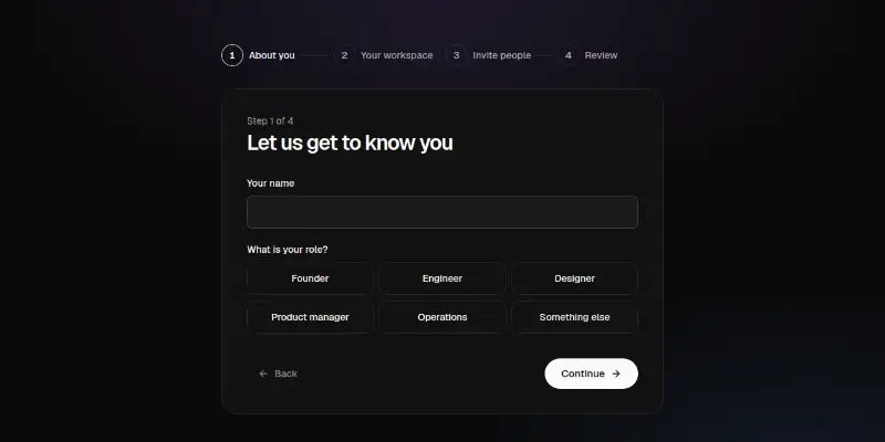 Onboarding Pro 1: four-step setup wizard preview