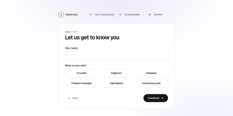 Onboarding Pro 1: four-step setup wizard preview