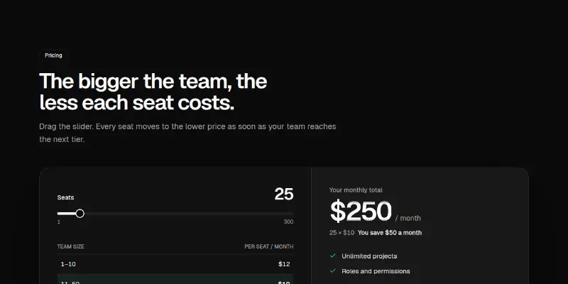 Pricing Pro 2: seat slider with volume tiers preview