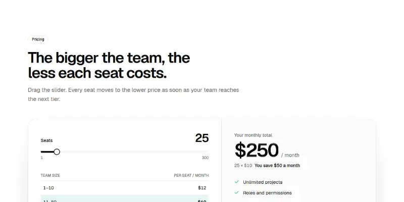 Pricing Pro 2: seat slider with volume tiers preview