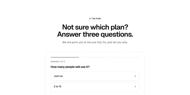 Pricing Pro 7: plan finder quiz preview