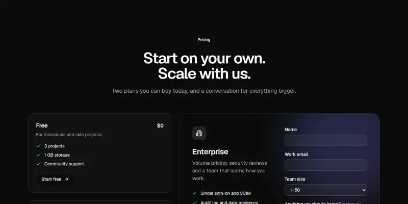 Pricing Pro 9: plans plus an enterprise form preview