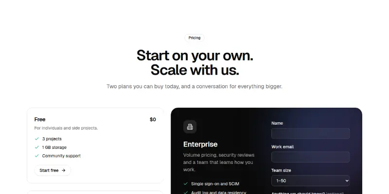 Pricing Pro 9: plans plus an enterprise form preview