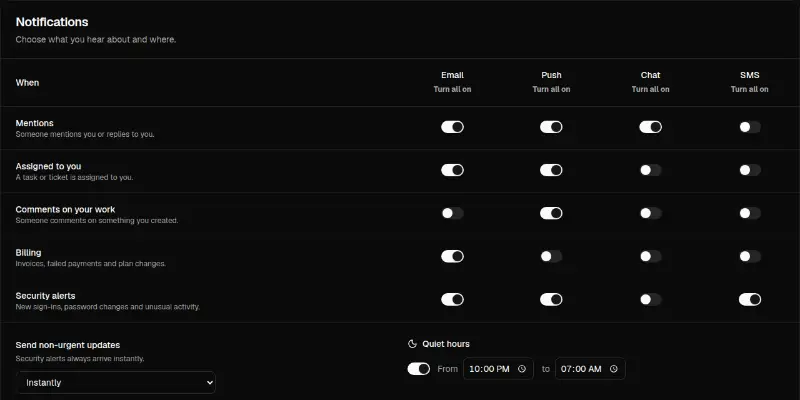 Settings Pro 1: notification preferences matrix preview