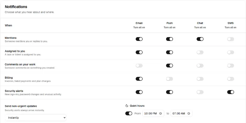 Settings Pro 1: notification preferences matrix preview