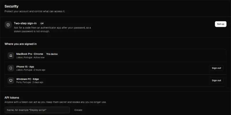Settings Pro 2: security: two-step, sessions and tokens preview