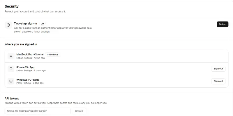 Settings Pro 2: security: two-step, sessions and tokens preview