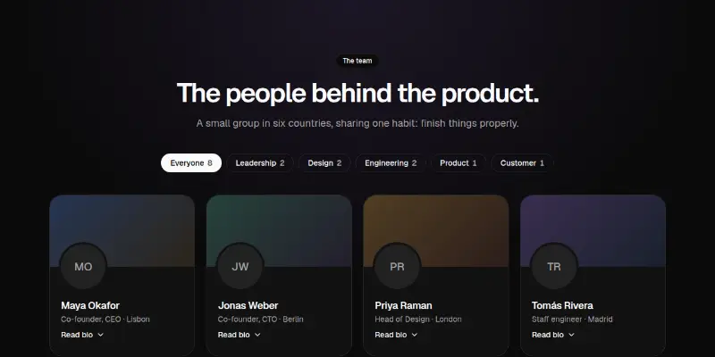 Team Pro 1: team grid with filters and bios preview