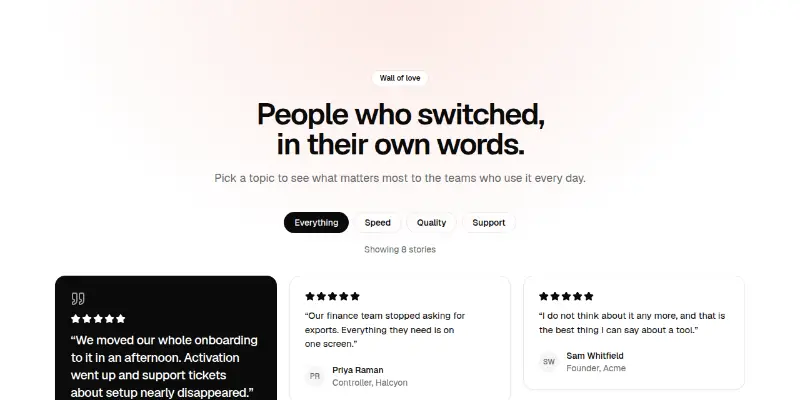 Testimonials Pro 1: filterable wall of love preview