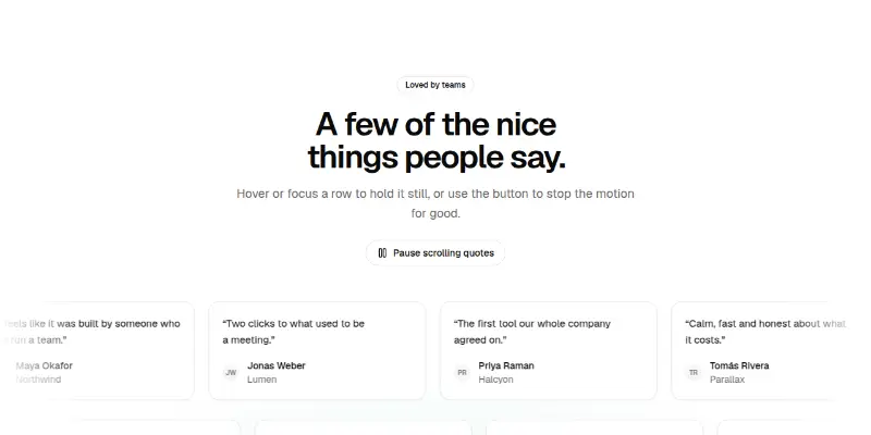 Testimonials Pro 2: two rows of moving quotes preview