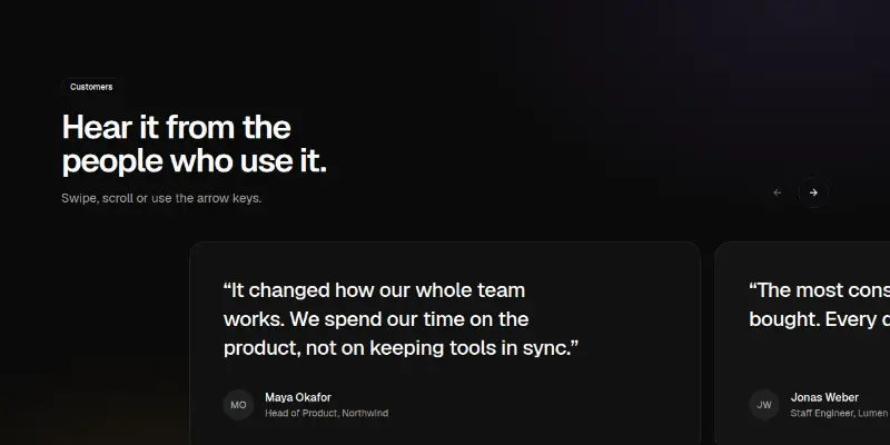 Testimonials Pro 5: swipeable quote carousel preview