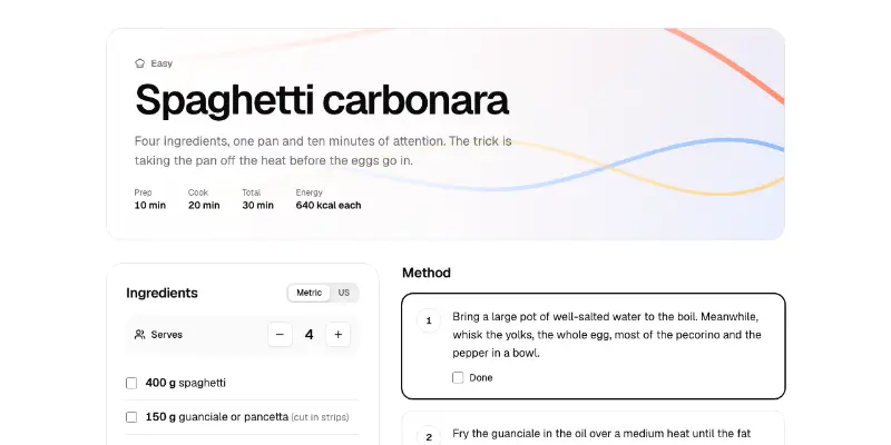 Recipe 1: scale, check off and time preview