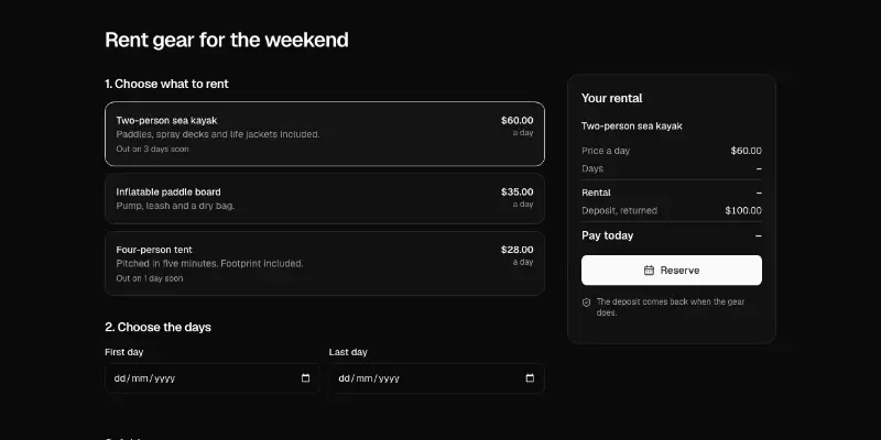Rentals 1: rental booking preview