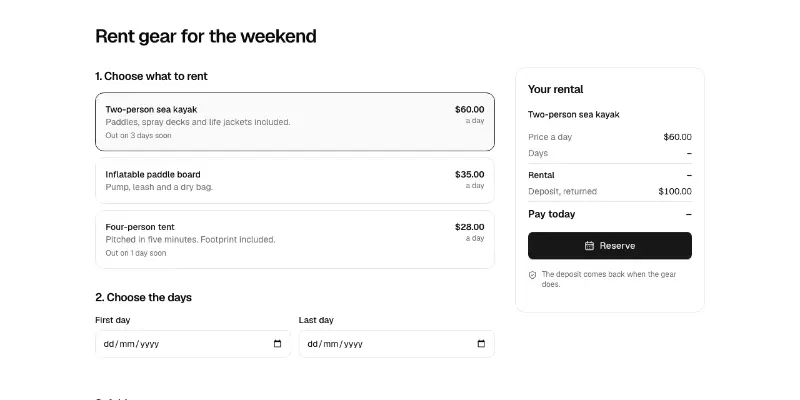 Rentals 1: rental booking preview