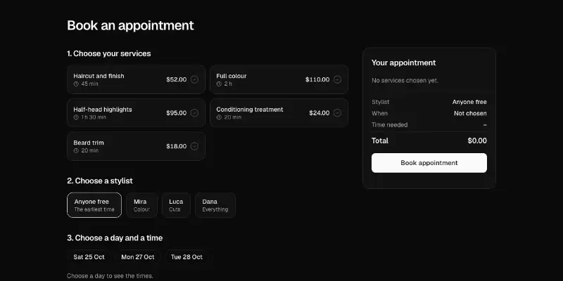 Salon 1: appointment booking preview