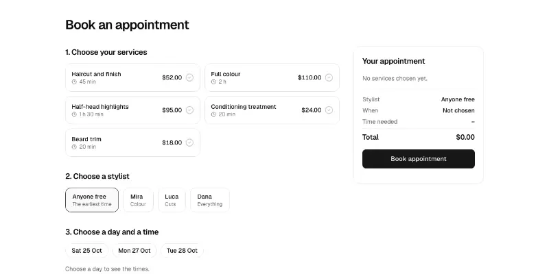 Salon 1: appointment booking preview