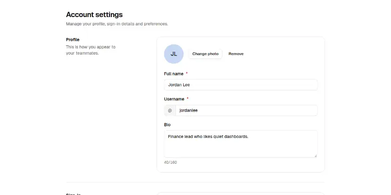 Settings 1: profile and account preview