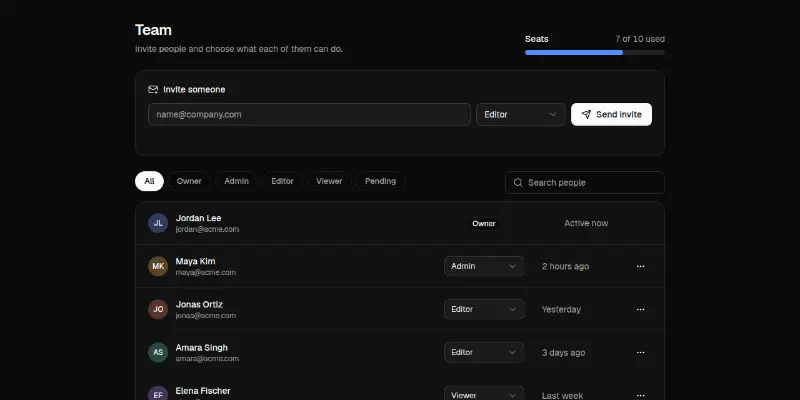 Settings 3: team members and roles preview