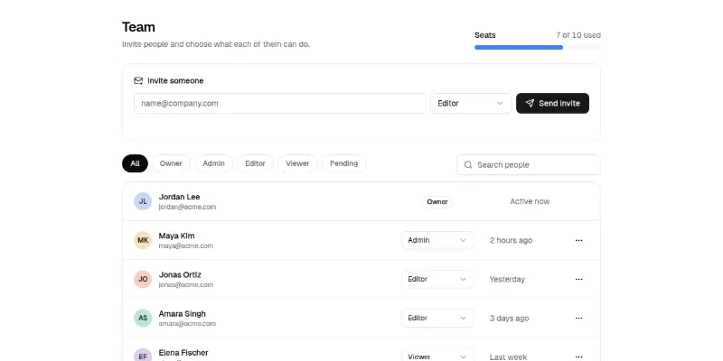 Settings 3: team members and roles preview