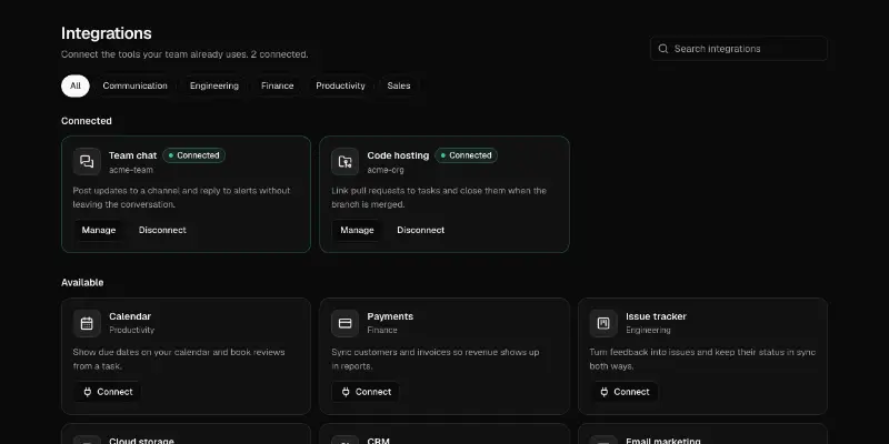 Settings 4: integrations directory preview