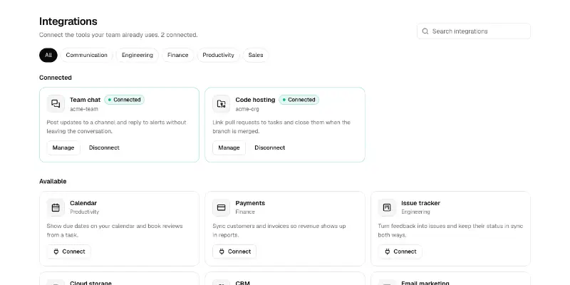 Settings 4: integrations directory preview