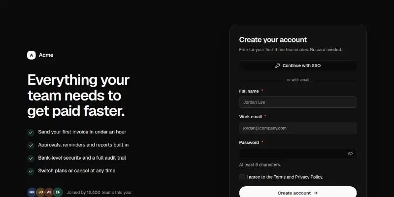 Signup 1: form with benefits column preview