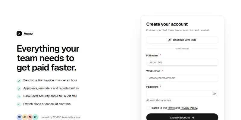 Signup 1: form with benefits column preview