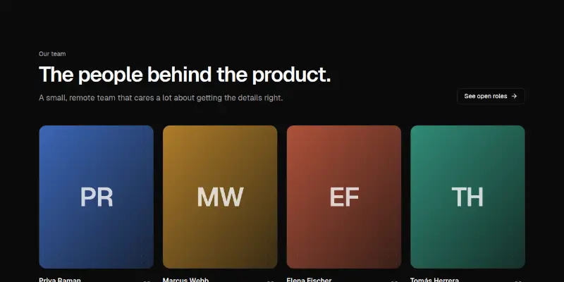 Team 1: portrait grid with hover bios preview