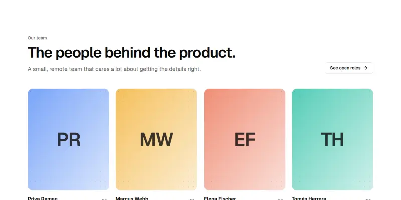 Team 1: portrait grid with hover bios preview